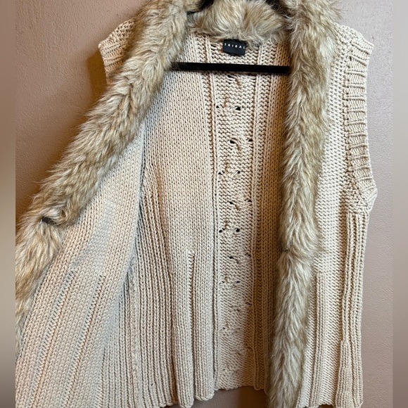 Tribal Faux Fur Trim Chunky Knit Cotton Blend Sweater Vest Jacket Womens XL - Picture 7 of 14